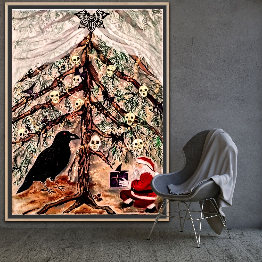 A large Christmas tree with a sleeping dog underneath in a modern room.