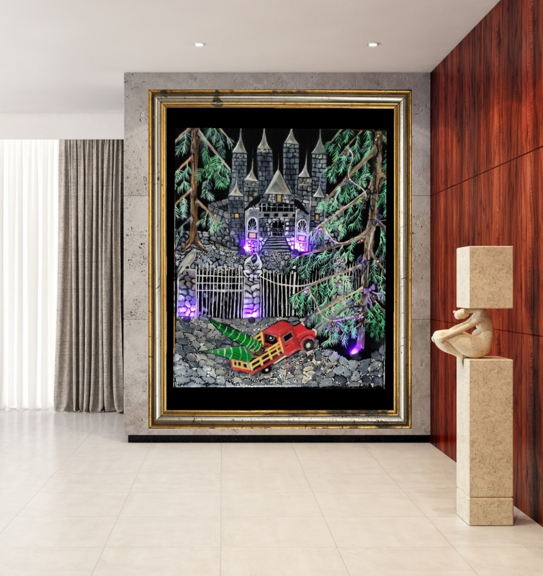 Framed mystical art with glowing elements in a modern room.