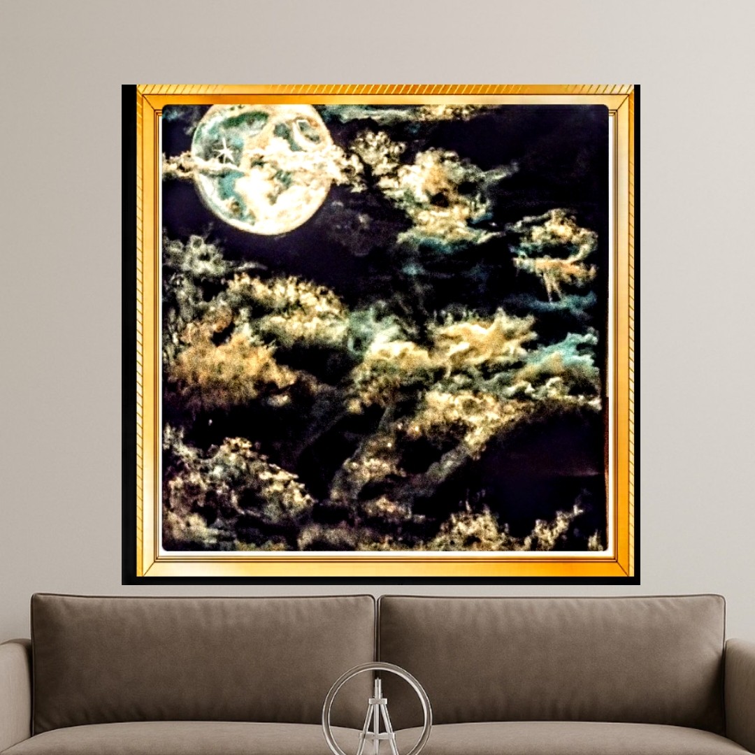 Painting of moon and clouds on wall