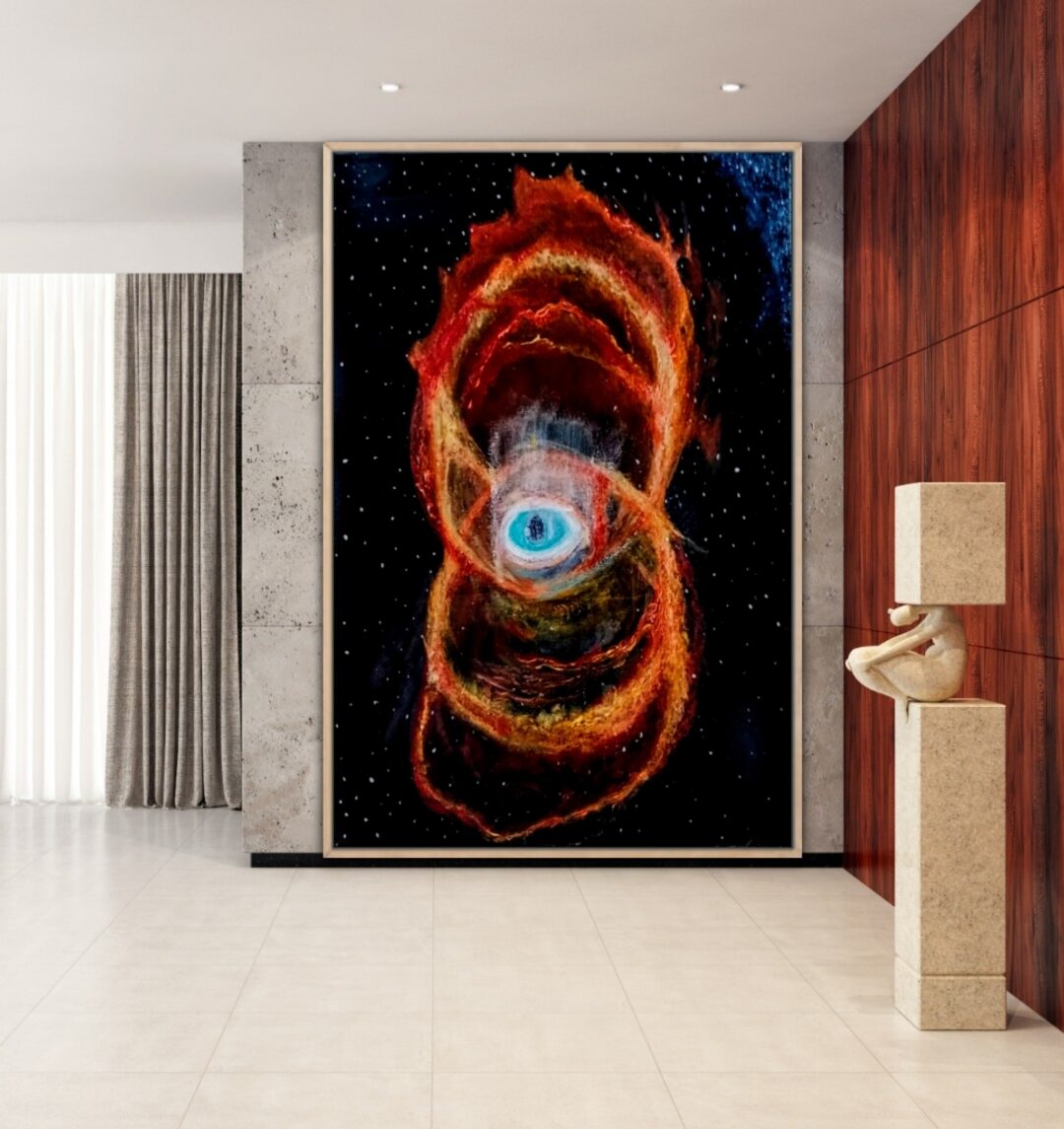 Modern art piece featuring swirling fiery shapes and an eye at the center in a minimalist room.