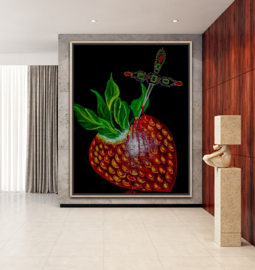 Large strawberry artwork displayed in a modern, elegant living room.