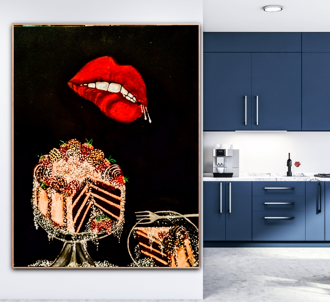 A vibrant cake with red lips artwork in a modern kitchen.
