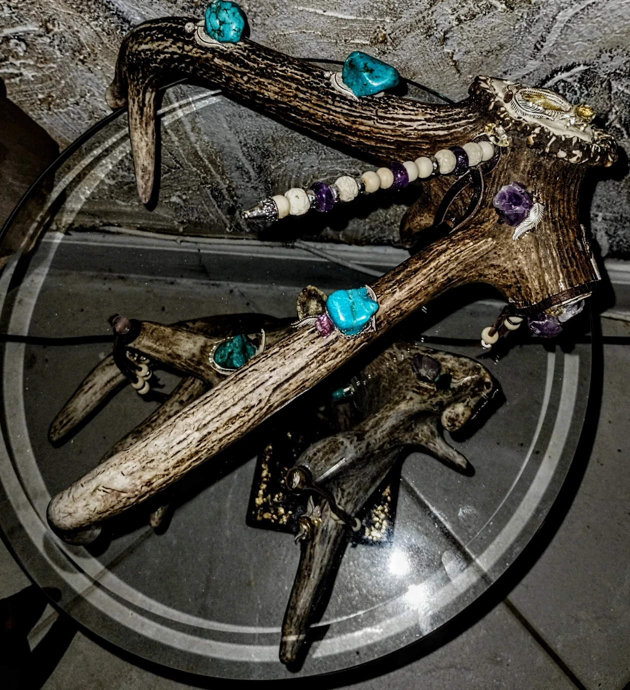 Decorative antlers on glass table