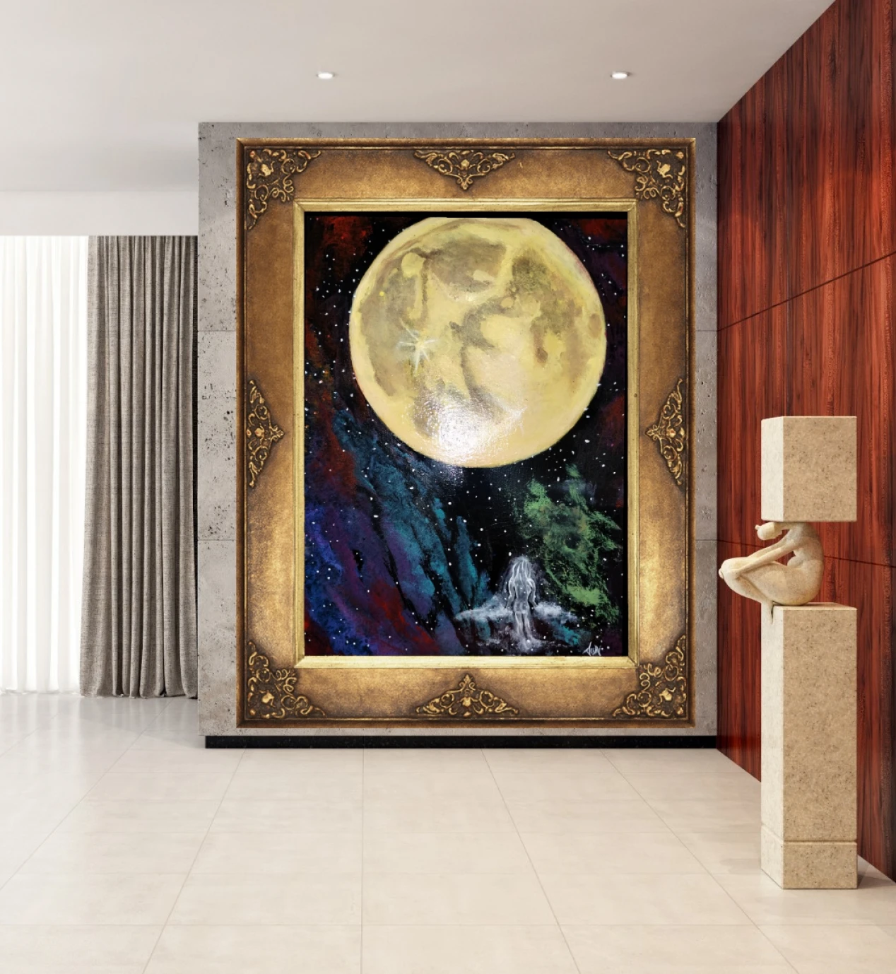 Modern sculpture beside moon-themed painting