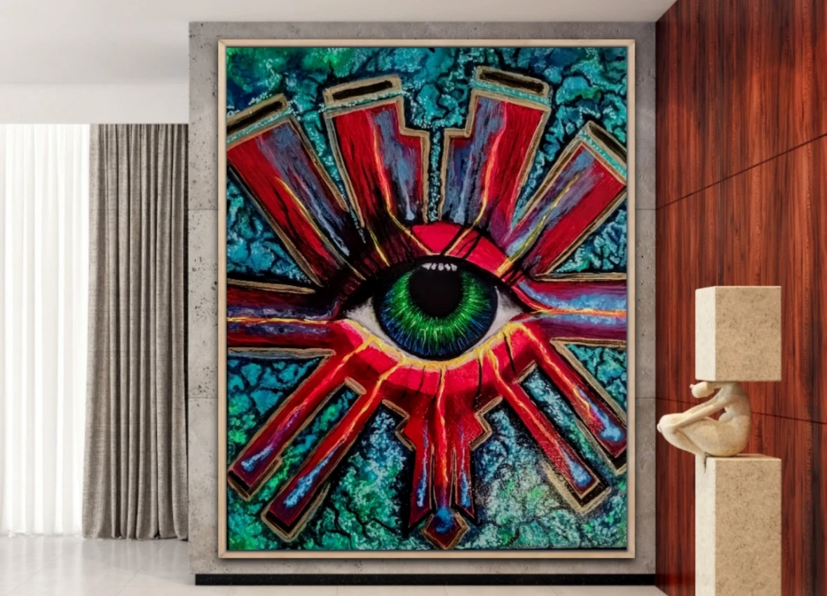 Large eye painting with dynamic red shapes