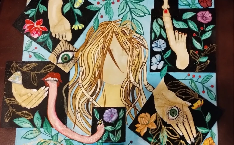 Mixed media artwork featuring eyes and leaves