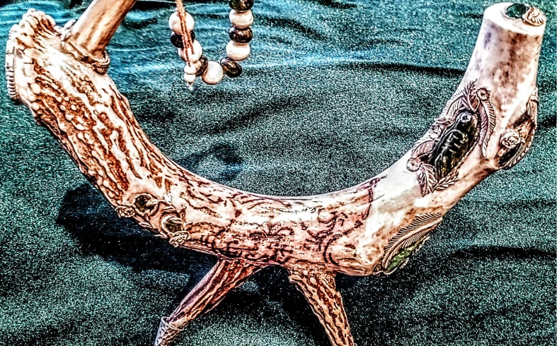 Intricately designed horn on display