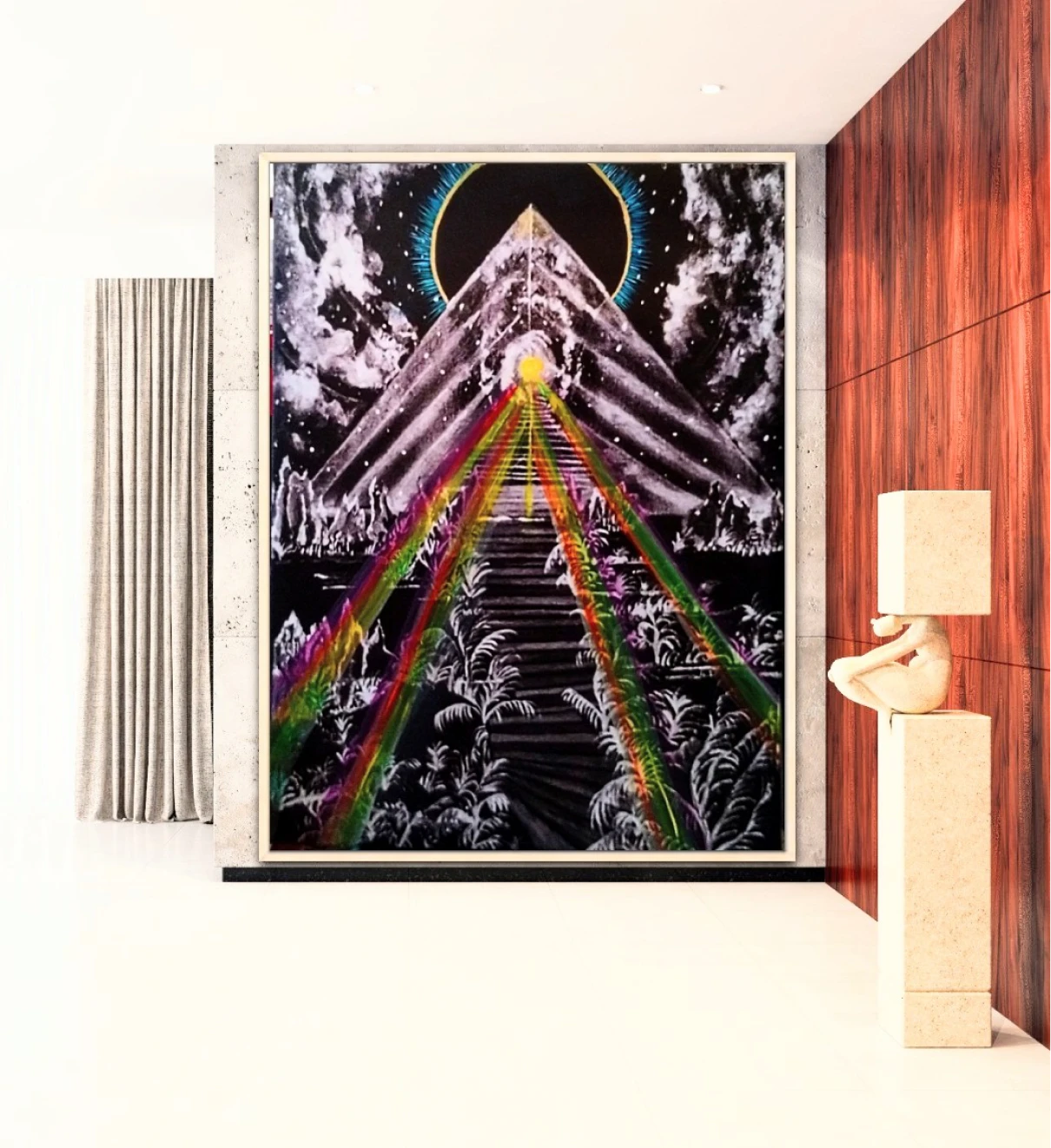 Vibrant pyramid painting in sleek room