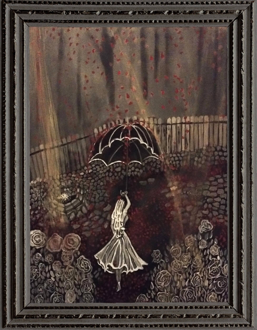 Mysterious figure in floral landscape painting